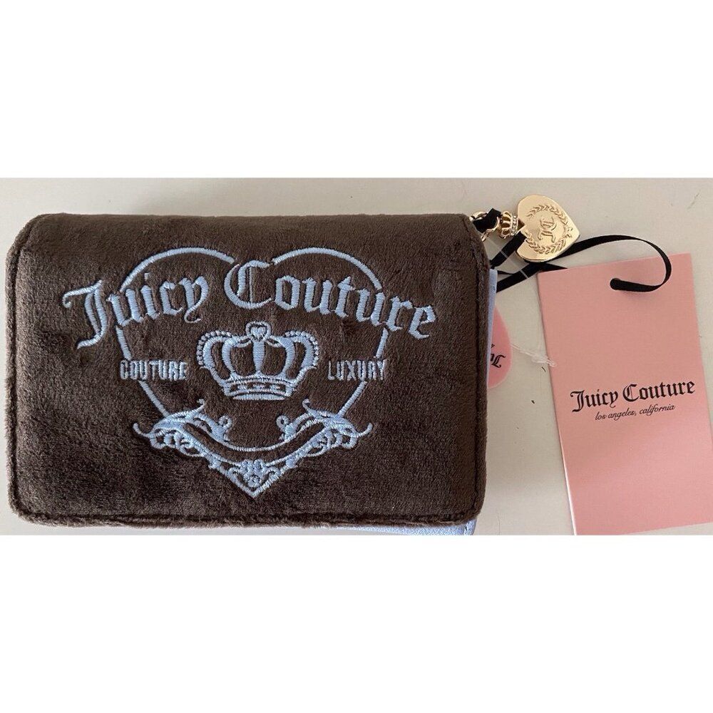 JUICY COUTURE GIRLIE ROYALTY Double Sided Trifold Wallet Chocolate‎ Blue NEW